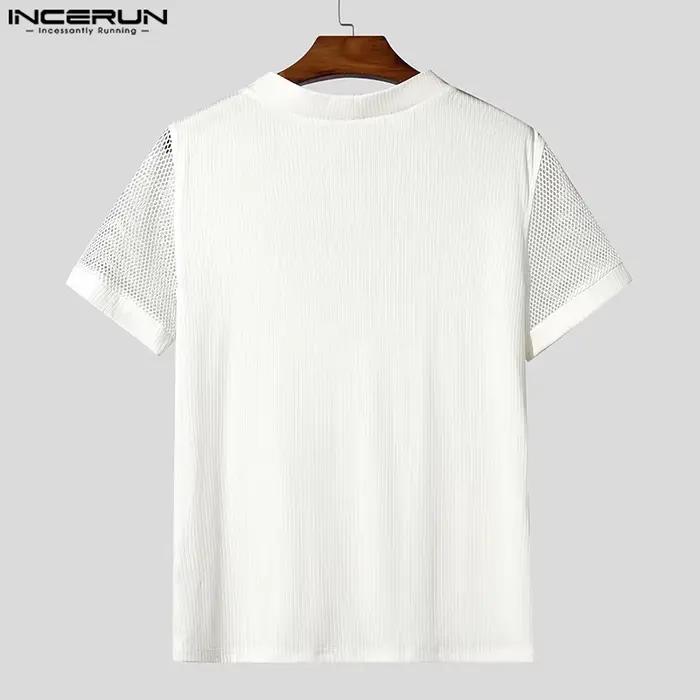 INCERUN hommes t-shirt maille Patchwork col en V à manches courtes hommes t-shirt hauts été Streetwe