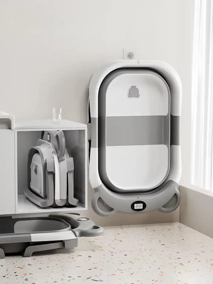 Baignoire pliable pour nouveau-né, avec thermomètre et 1 coussin flottant doux, baignoire de voyage