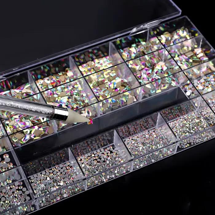 Boîte à strass à 21 grilles, mélange de diamants pour ongles, verre plat en forme de diamant, bricol