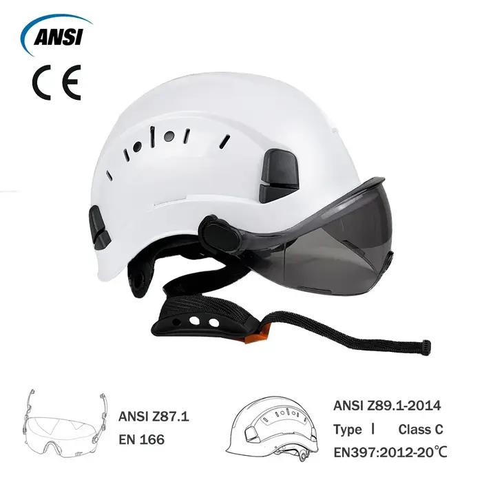 Casque de sécurité CE avec pare-soleil, lunettes de protection, protège-oreilles, casque léger en ABS, casque de protection réglable avec ventilation, protection de la tête, ANSI