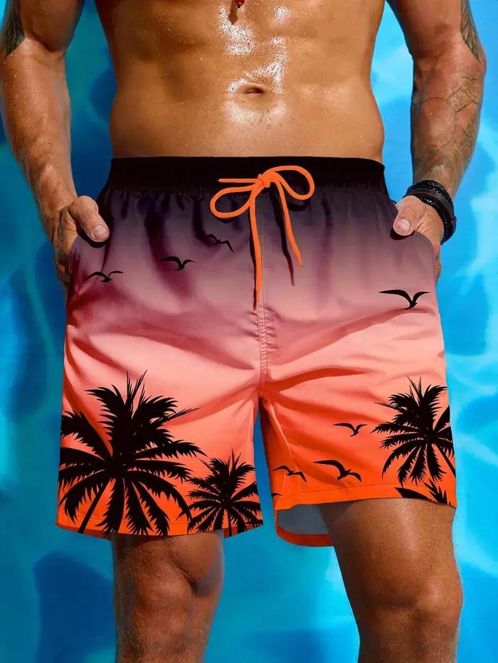 Short de bain respirant avec imprimé palmier pour hommes