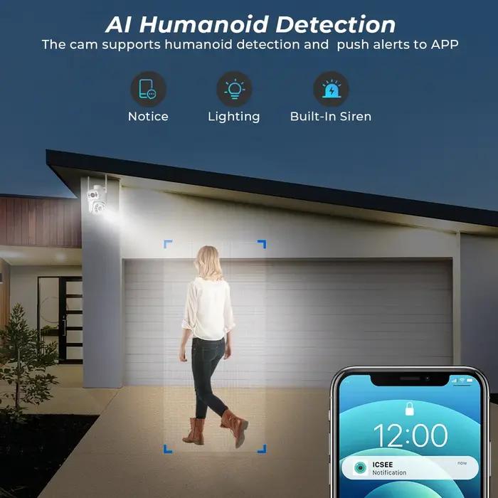 Caméra surveillance extérieure 4K 8MP iCSee PTZ WiFi double objectif double écran détection humaine IA