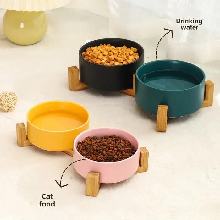 Filles en céramique pour animaux de compagnie avec support en bois