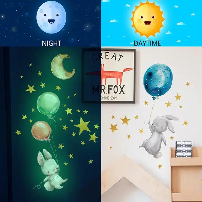 Autocollants muraux lumineux en ballon de lapin de dessin animé