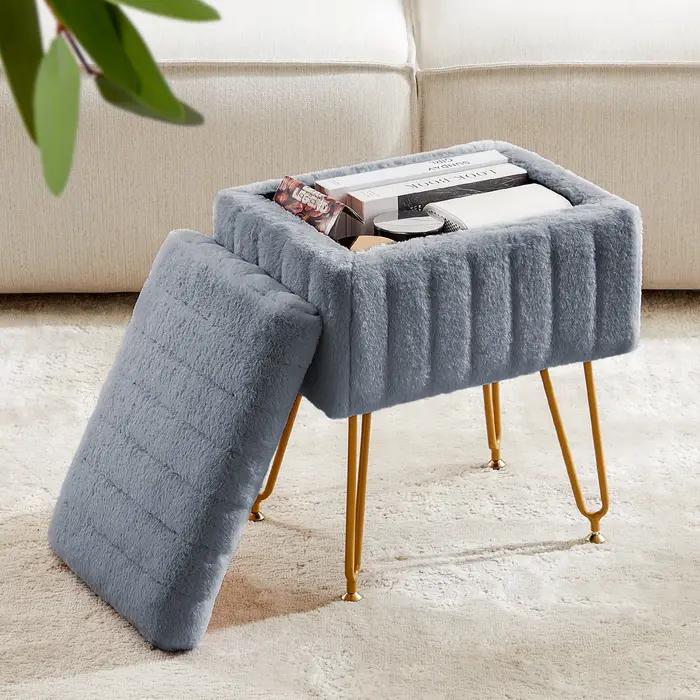 Tabouret et pouf de rangement caché en fausse fourrure avec 4 pieds en métal pour salon, chambre à coucher, bureau, et autres occasions spéciales