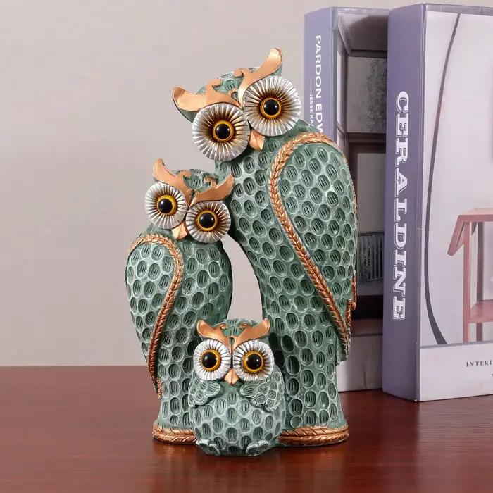 Famille de trois statues de hibou mignonnes, décoration de maison, statues de hibou sur étagères, dé