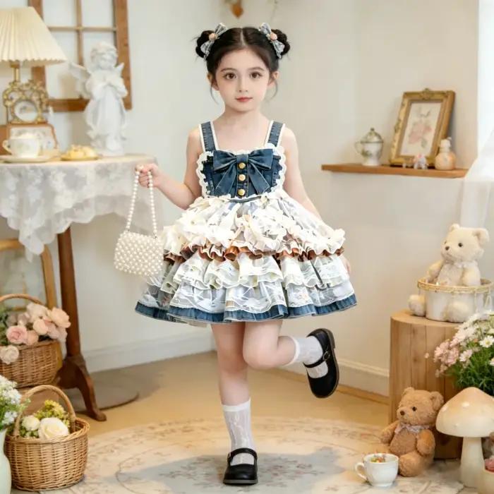Robe d'été sans manches en jean et maille patchwork pour filles avec dentelle et tutu pour occasions spéciales et quotidien