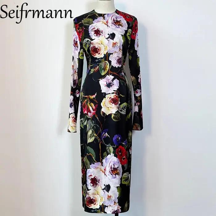 Seifrmann – robe en soie pour femmes, Style Sexy, manches longues, imprimé Vintage, coupe cintrée, p