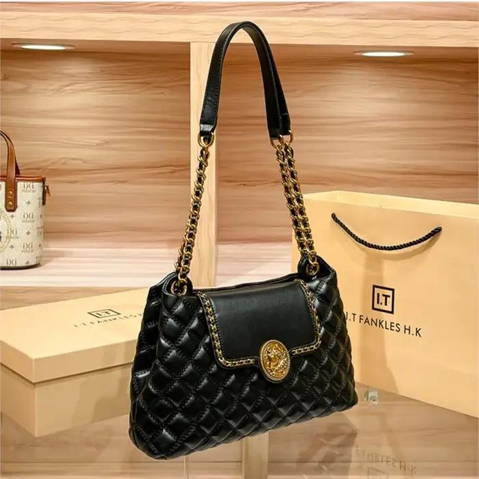 Sac à bandoulière en cuir véritable avec poche à rabat et treillis de diamant pour femmes occasions polyvalentes élégantes