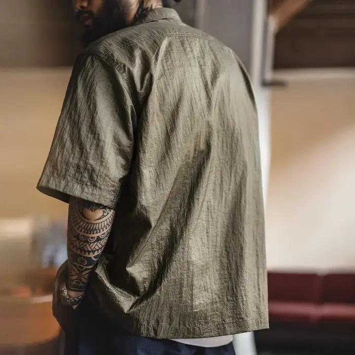 Maden – chemise d'été à col cubain pour hommes, légère et respirante, manches courtes, simple boutonnage, Plaid, randonnée, rue