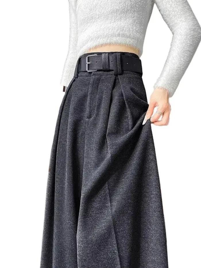 Pantalon large en laine gris pour femme, coupe droite, ample et fluide, longueur ras du sol, en molleton épais, idéal automne-hiver
