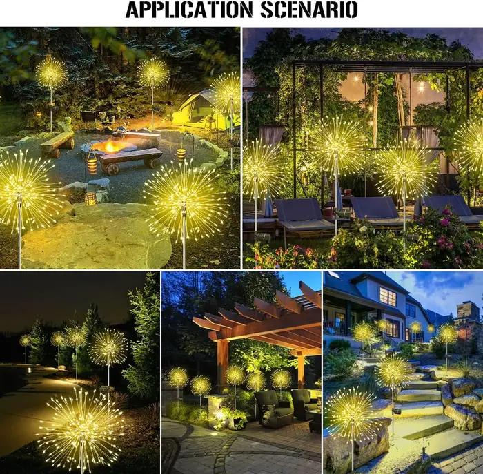 Feux d'artifice solaires étanches, 8 modes d'éclairage, forme de bricolage, extérieur, lumières de j