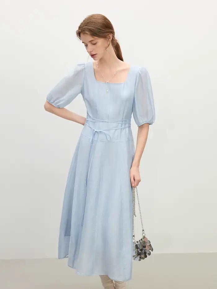FSLE manches bouffantes col carré robe de Style français pour les femmes 2025 été nouveauté romantique taille haute