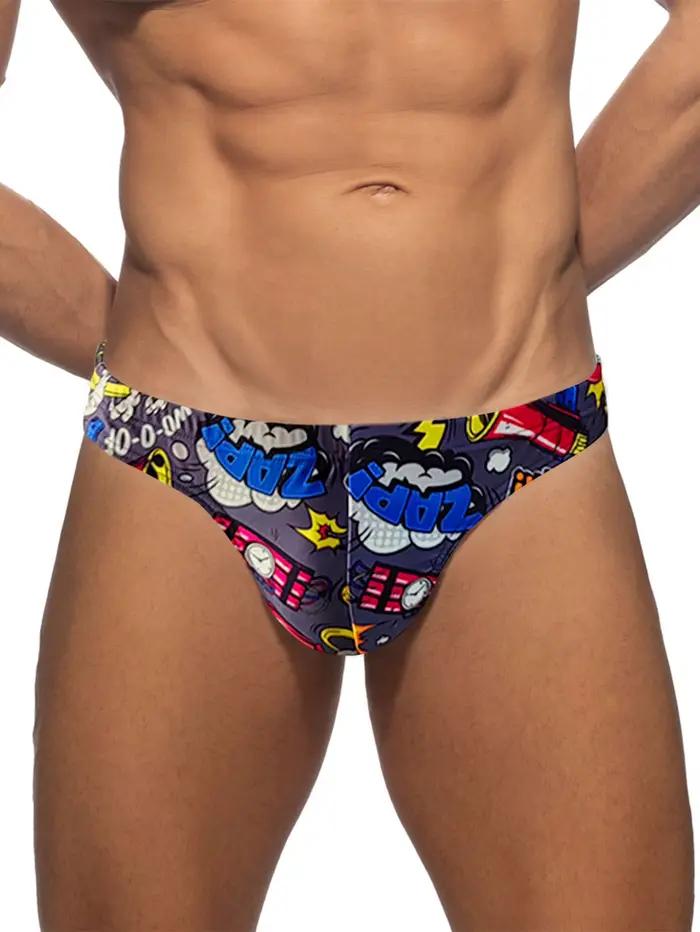 Hommes Pop Art dessin animé imprimé taille basse Sexy Bikini string maillots de bain plage slip