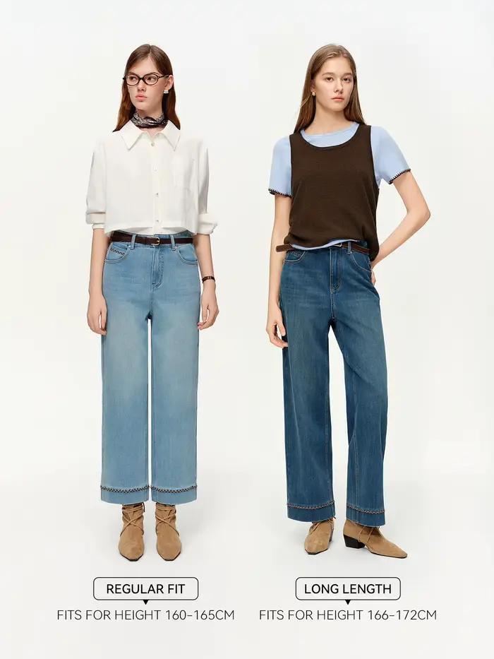 DUSHU Double longueur jean femmes taille haute coupe ajustée classique Baguette pantalon taille haut