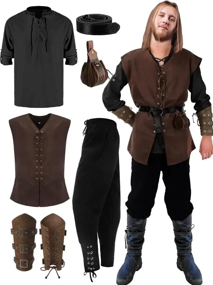 Ensemble de 6 pièces de costume de Renaissance pour homme pour Halloween : Gilet médiéval