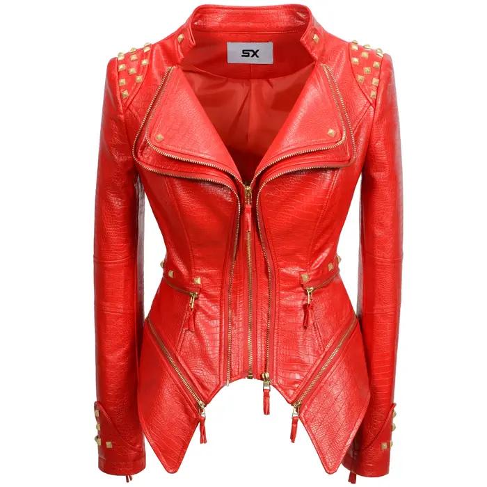 Mode SX femmes Crocodile Rivet PU veste forme parfaite moto vélo veste