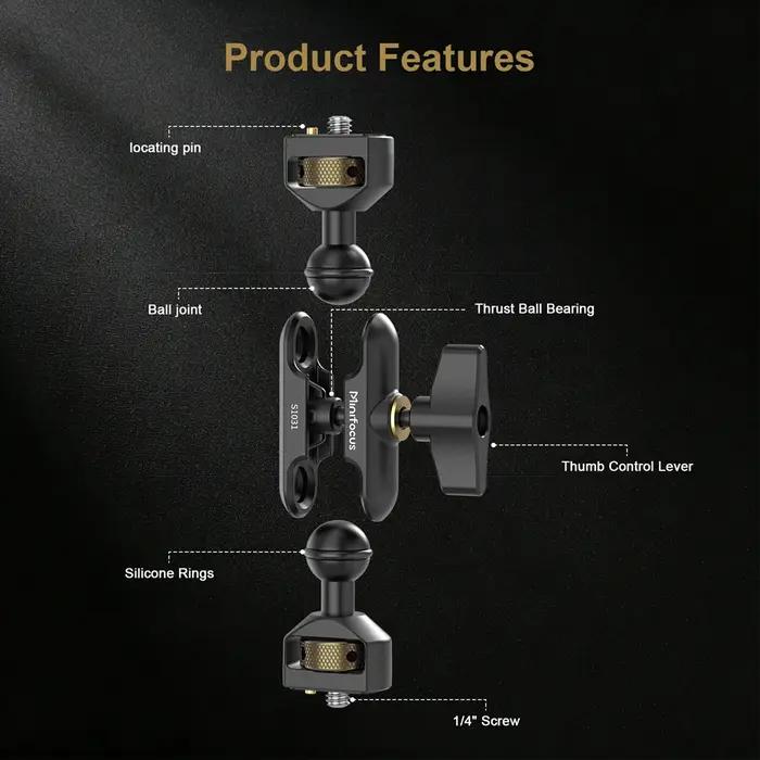 Bras articulé flexible Minifocus Camera Magic Arm avec vis 1/4” et support de moniteur de terrain double 360° ° Rotule en alliage d'aluminium
