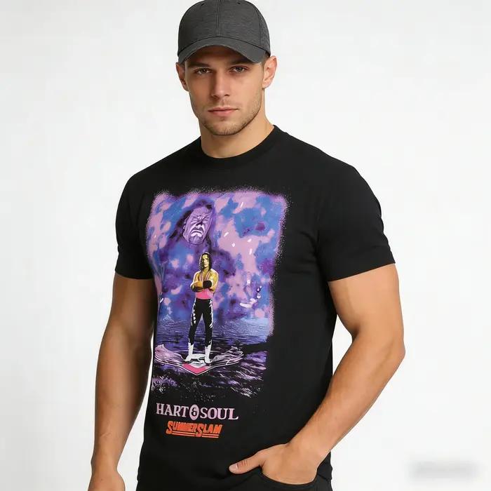 T-shirt graphique vintage noir Bret Hart Hart&Soul pour homme, coupe ample respirante, t-shirt de sport tendance mode classique, activité plein air, cadeau occasion spéciale