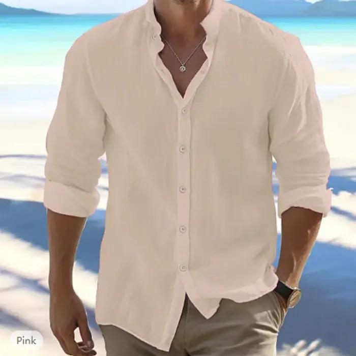 Hommes à manches longues coton lin été offre spéciale plage Style chemises couleur unie décontracté polyvalent col monta