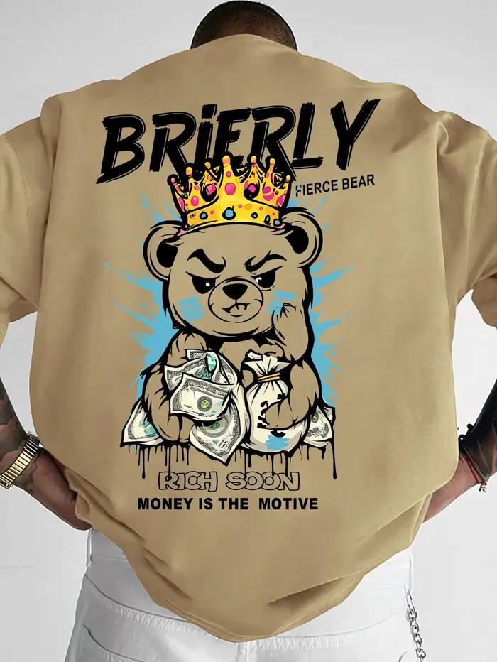 T-shirt col rond pour hommes, confortable et respirant, à la mode, ours en peluche, lettre de riches