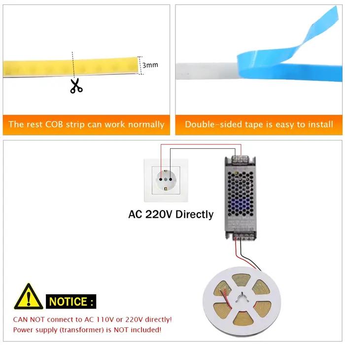 DC 5V 12V 24V COB LED bande 320 384 480 528 LED s/m haute densité Flexible COB LED bande barre lumin