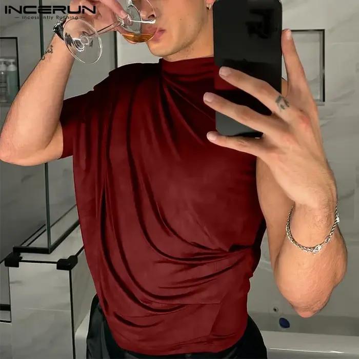 INCERUN hommes t-shirts irréguliers couleur unie col rond une manches courtes plissé hommes vêtements Streetwear 2025 évider Camisetas