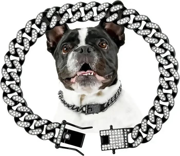 Collier pour chien en or et diamants, chaîne métallique sécurisée avec boucle design, collier bijou