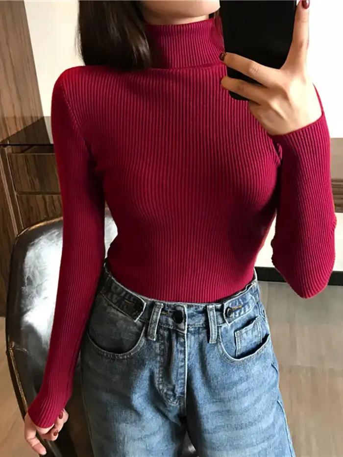 Pull Col Roulé Femme Automne Hiver 2026 – Haut Coréen Slim Tricoté