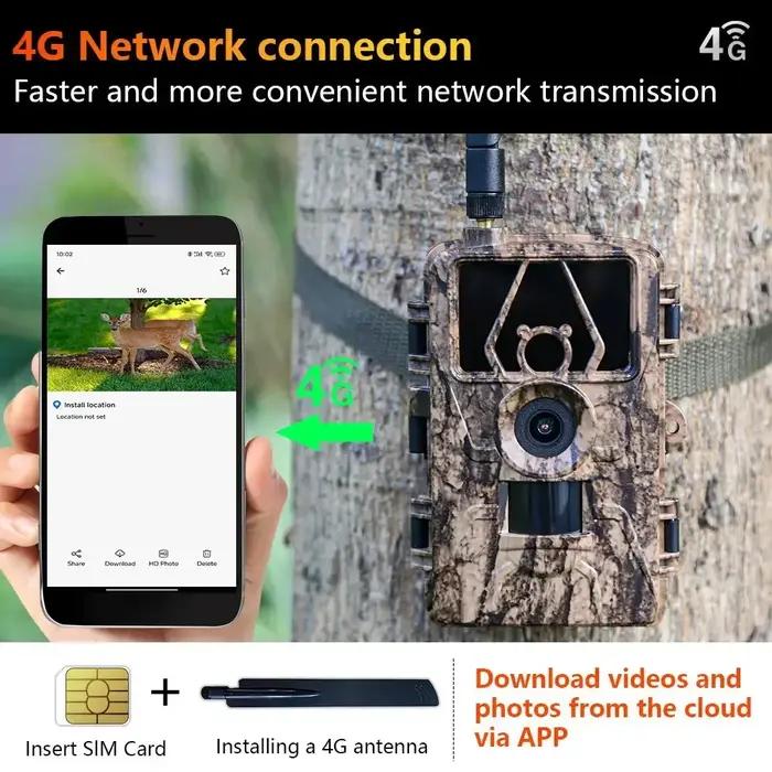Caméra de suivi des sentiers 4G LIVE, contrôle par application, Vision nocturne IR, piège de chasse HD 60MP 8K avec carte SIM, caméra cellulaire Mobile pour la faune