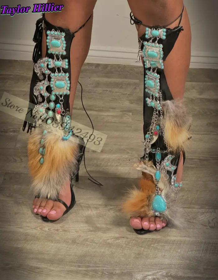 Gladiateur talons Turquoise fourrure Wrap sandales femmes chaussures couleur mixte romain mince talon haut bout pointu