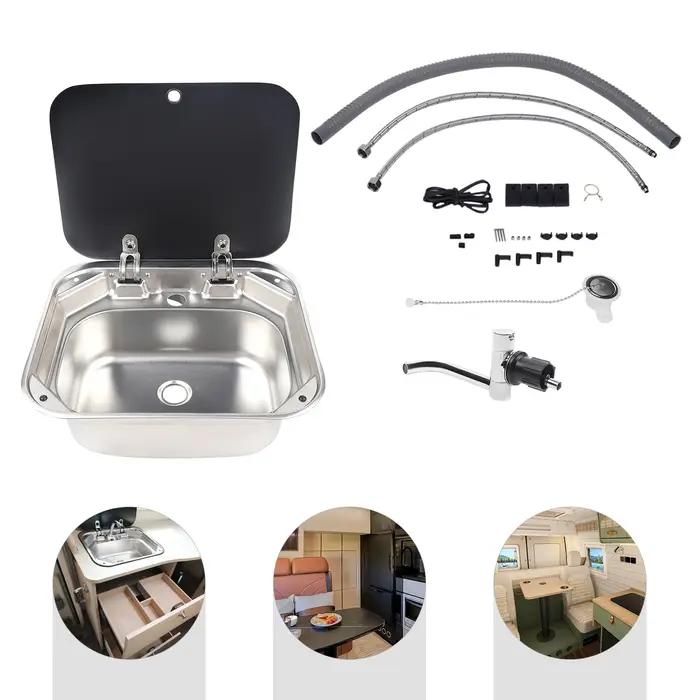 Lavabo de camping-car en acier inoxydable, Lavabo à main avec couvercle en verre