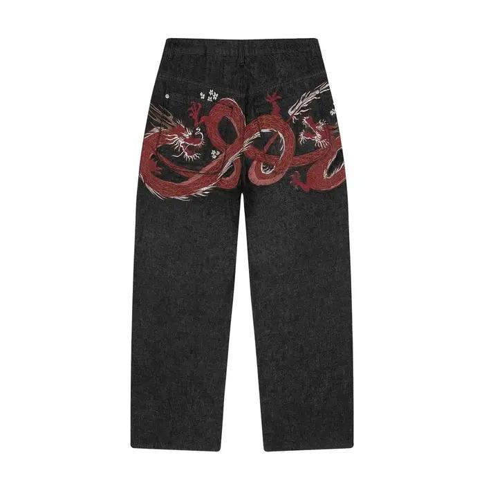 Y2K Baggy jeans fleur de cerisier lisière broderie Denim pantalon hommes femmes