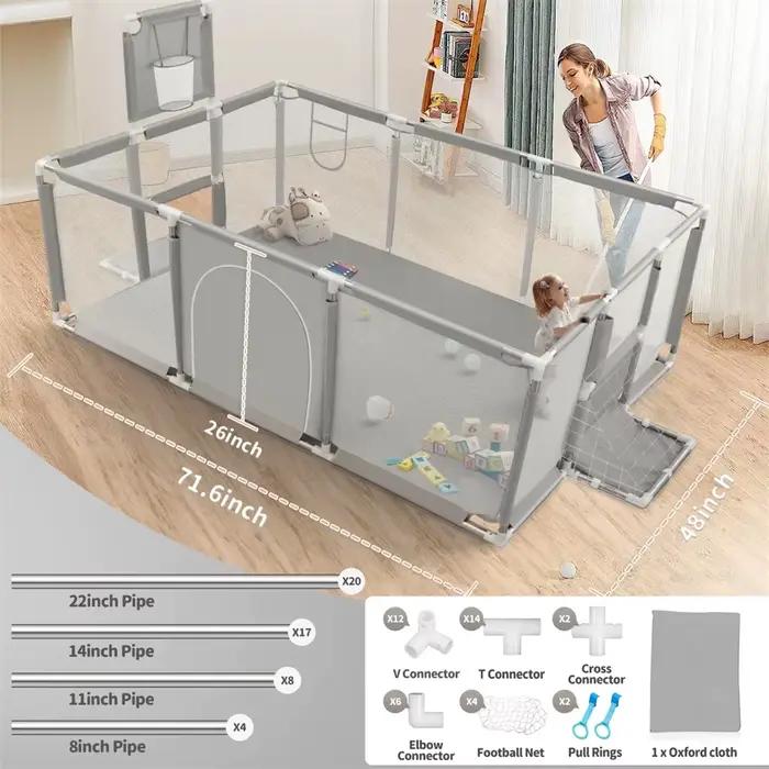 Aire de jeux pour bébé, parc pour bébé de 70 pouces, boîte de clôture grise pour enfants avec Angle