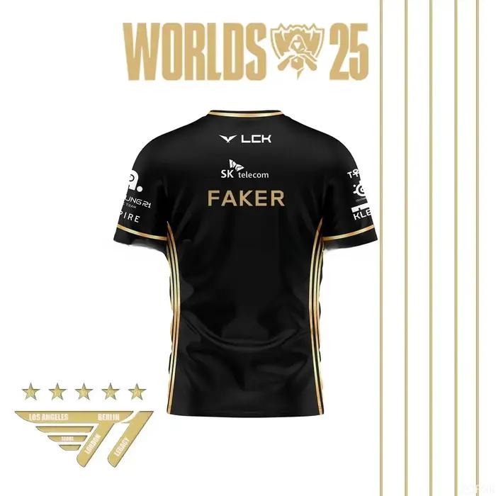 Faker Jersey League of Legends 2025 Champion du monde Maillot de l'équipe tout noir T-shirt Lol Esports Lck T1 Team Grand haut