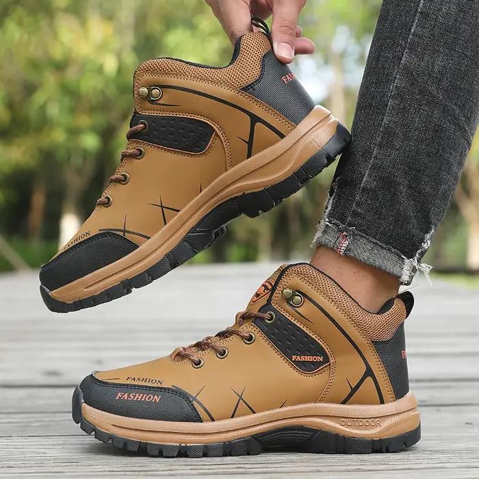 Vente chaude! Bottes d'extérieur en cuir marron pour hommes, chaussures de randonnée, Support de cheville, semelle épaisse, Camping, randonnée, aventure, Design 2025