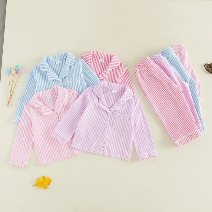 Vêtements pour enfants, ensembles de pyjama pour filles et garçons, chemises à manches longues rayées à boutons, hauts et pantalons, vêtements de nuit, tenues décontractées