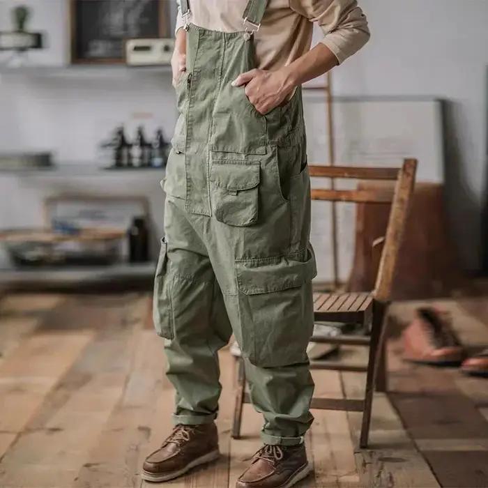 Salopette américaine rétro en coton lavage facile pantalon ample à bretelles quatre saisons