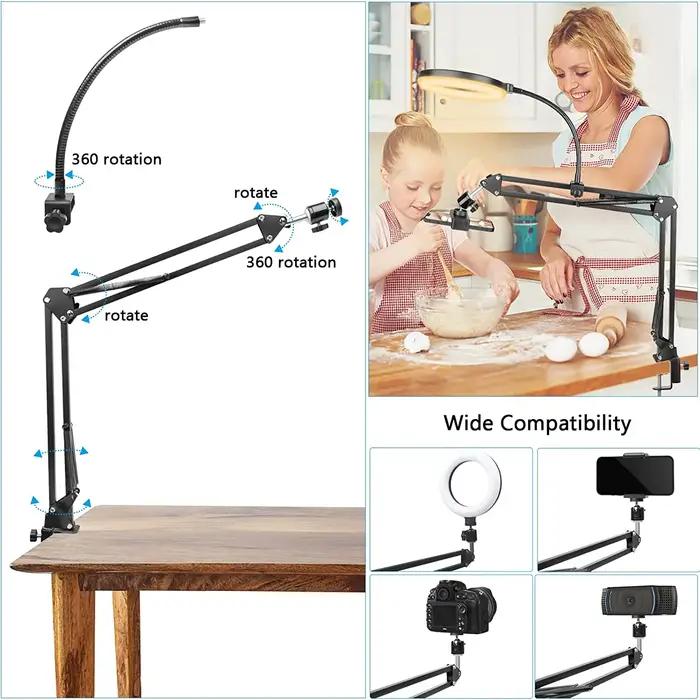 Support de téléphone aérien avec anneau lumineux, bras articulé flexible, caméra de haut en bas, 6 pouces, pour Tiktok prometteur, diffusion vidéo en direct statique