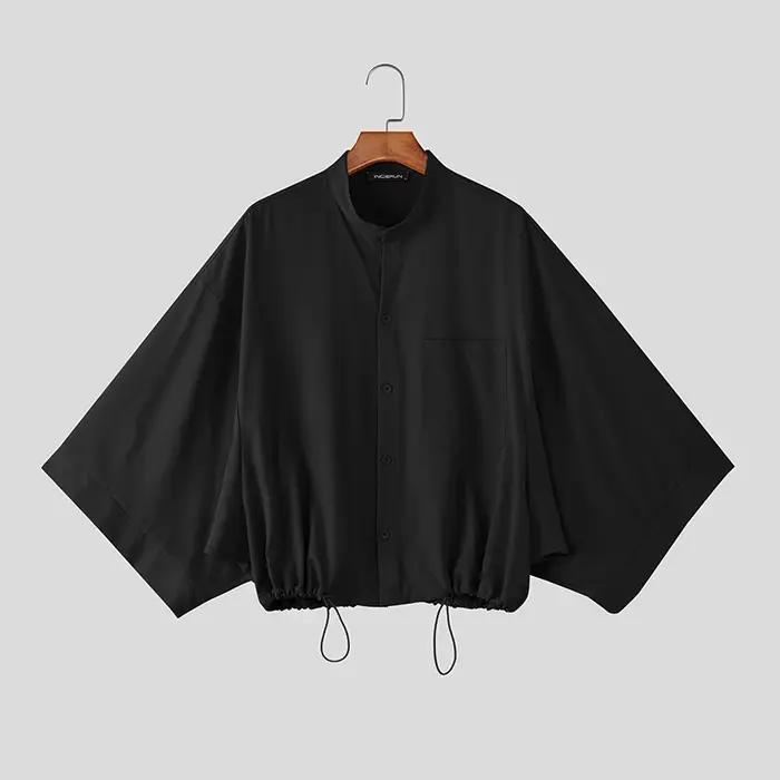 Chemise Homme INCERUN Col Montant Uni Manches 3/4 Ample Décontractée Vêtements Homme Cordon de Serra