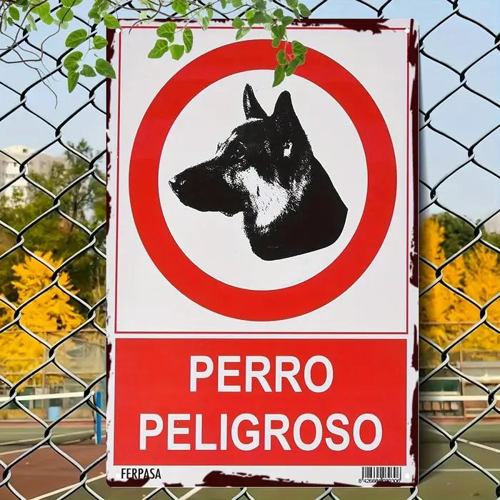 Panneau en métal « Avertissement de chien dangereux » - Texte bilingue espagnol/anglais rouge et blanc