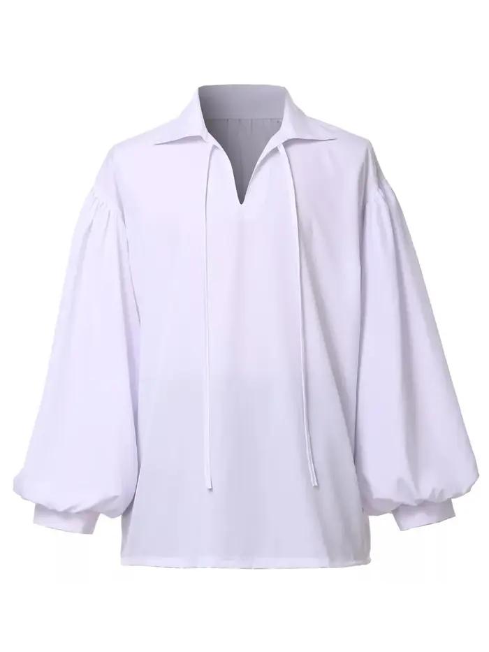 Chemise pirate rétro médiévale à col en V pour hommes – Beige, coupe ample avec manches tombantes, h