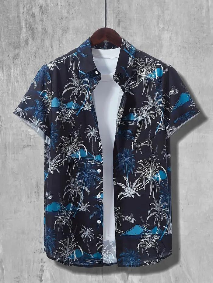 Chemise hawaïenne imprimée cocotier, chemise décontractée à manches courtes boutonnée pour hommes po