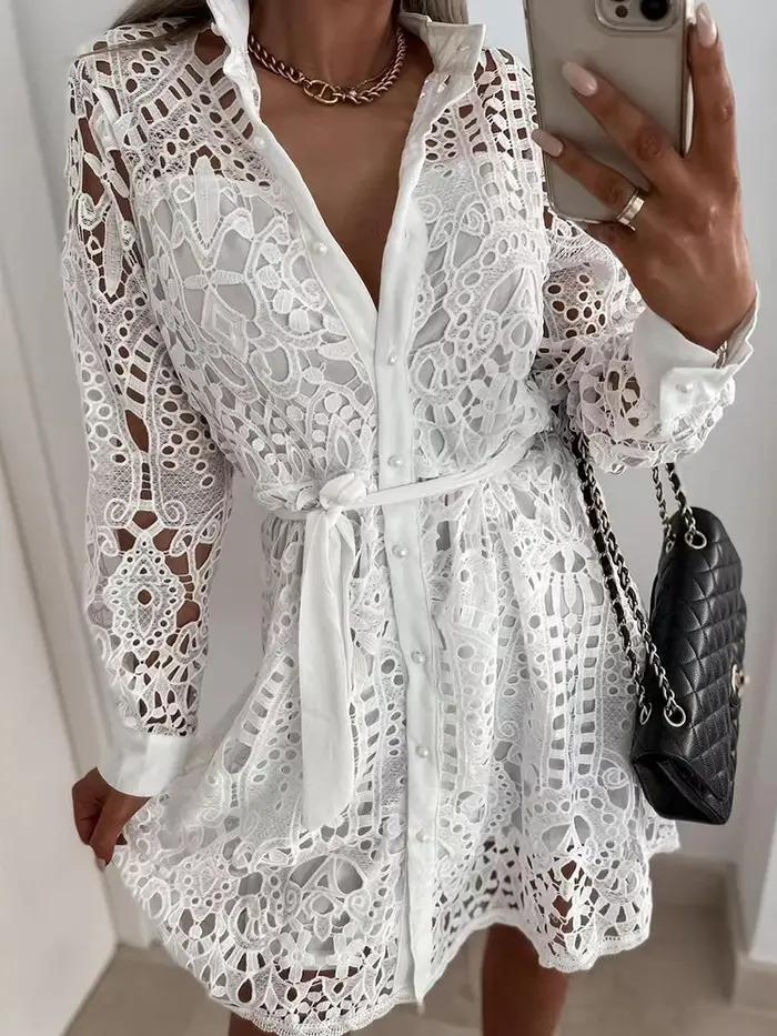 Mini robe vintage évidée pour femme, cardigan à col en V pour femme, manches longues, monochromatiqu