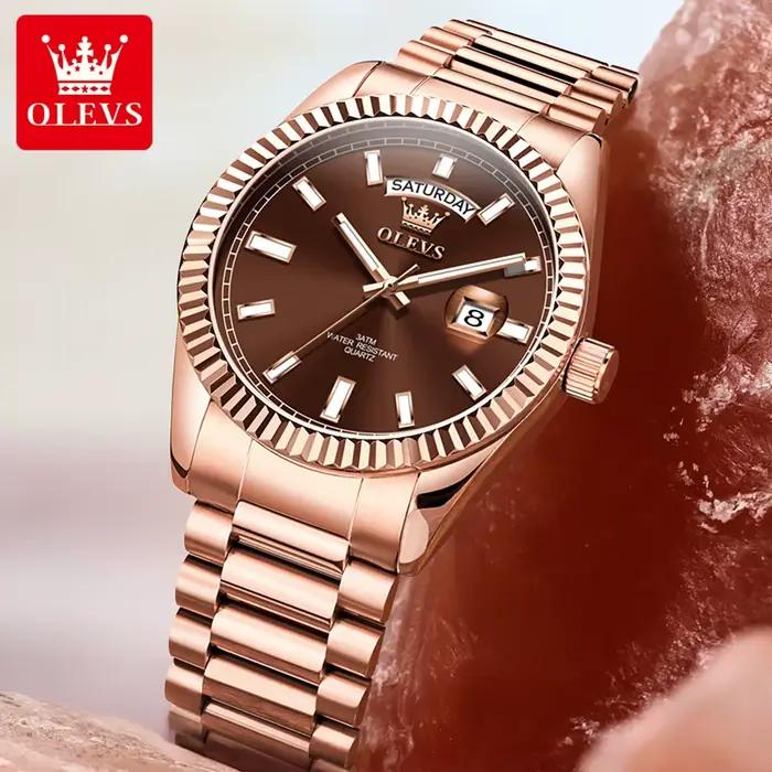 Montre homme luxe OLEVS or rose acier inox étanche avec affichage jour date pour chasseurs