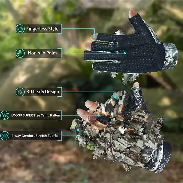 Gants camouflage bionique arbre pour chasse, pêche et observation d'oiseaux - antidérapants et fins