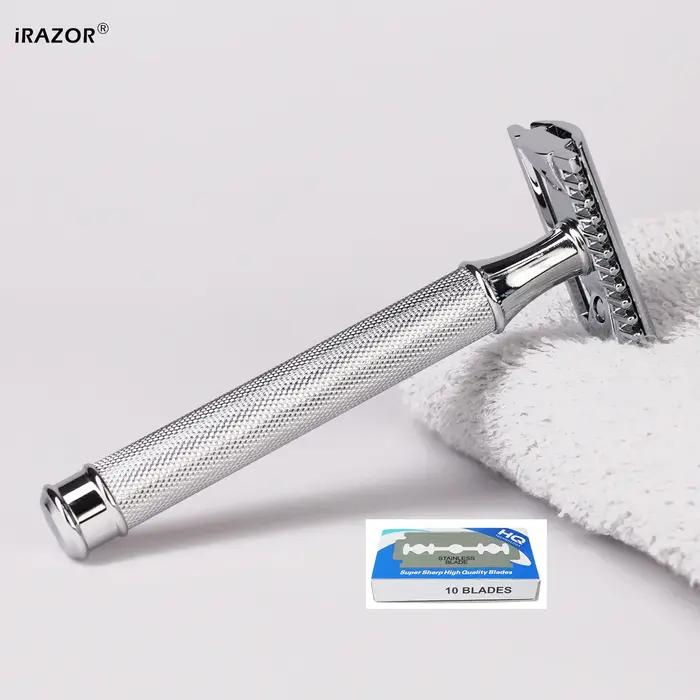 Rasoir de sécurité iRAZOR en laiton massif couleur argent pour rasage traditionnel et durable, rasoir homme, cadeau d'anniversaire ou de Noël, rasage du visage et du corps