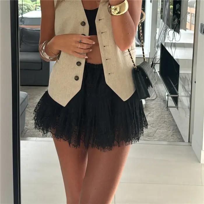 Mini jupe en dentelle pour femme, taille basse, ourlet à volants superposés, noir, blanc, lingerie c