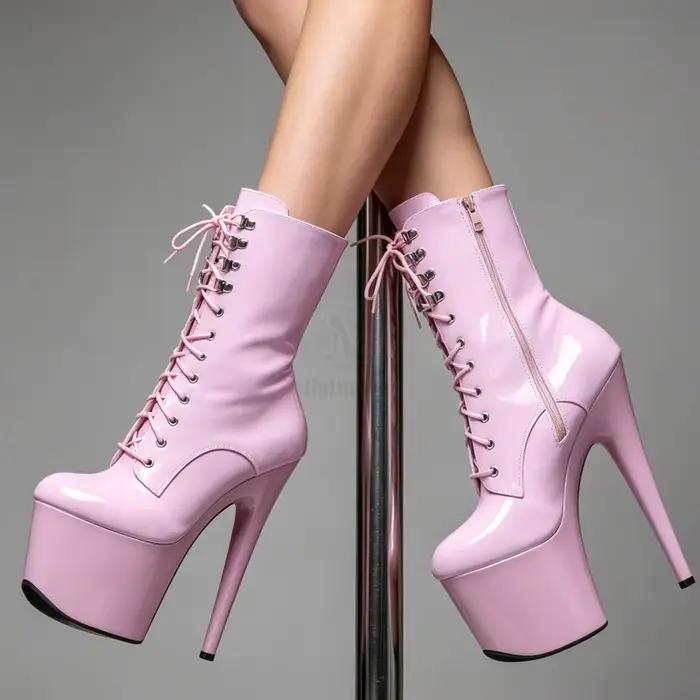 Bottines à plateforme sexy avec talons aiguilles de 7 pouces pour femmes, bottes modernes à lacets pour soirée et pole dance