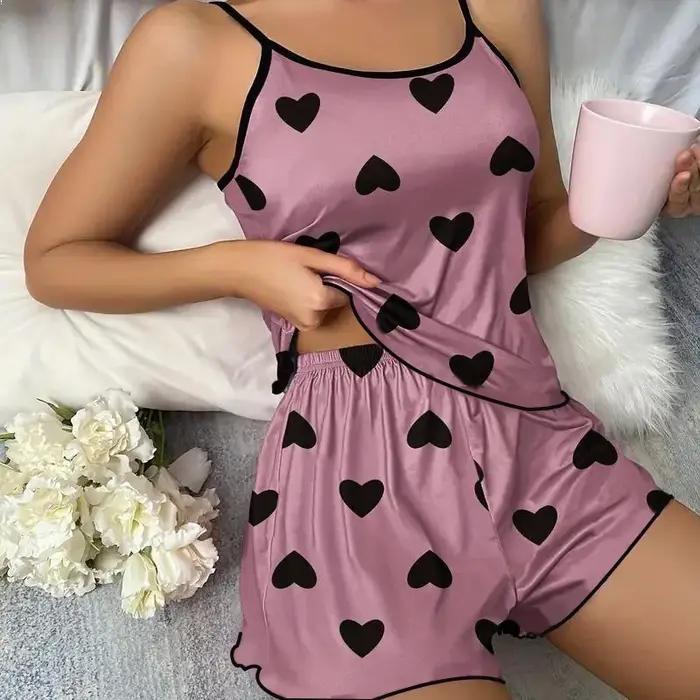 Ensemble pyjama pour femmes, T-Shirts et shorts, T-Shirt rose imprimé en forme de cœur, col rond, haut en soie glacée, confortable et décontracté, été 